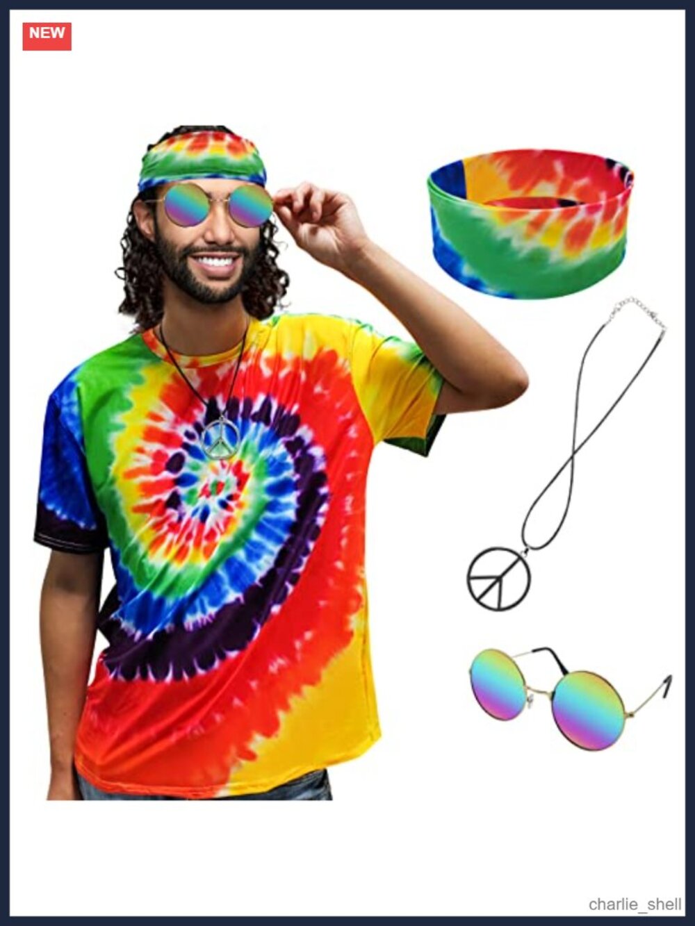Hippie Costume 4-Piece Set 60s 70s Party T-shirt Sunglasses Headband Peace